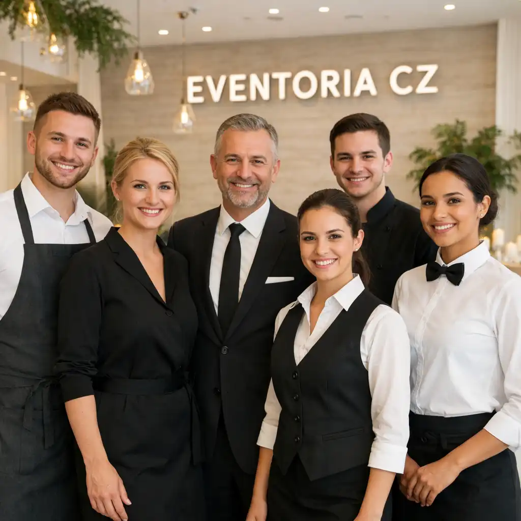 Tým Eventoria CZ usmívající se v interiéru restaurace