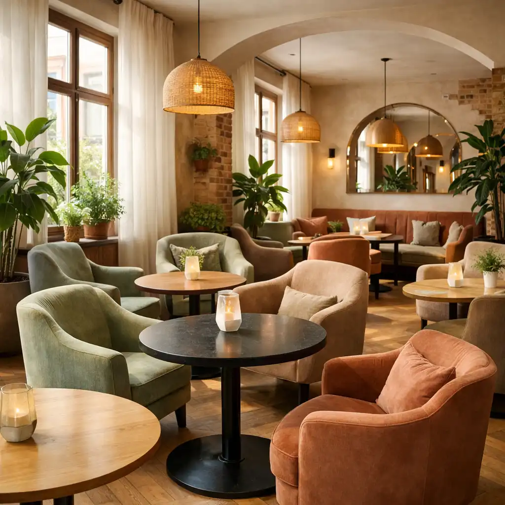 Světlem zalitý hlavní prostor restaurace Eventoria s elegantním stolováním