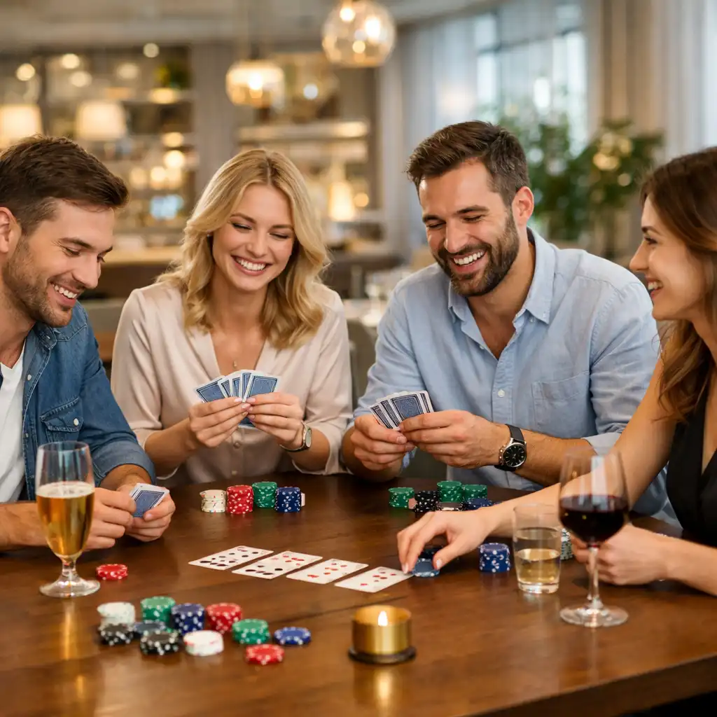 Skupina hostů hrající přátelský poker u stolu v Eventoria CZ