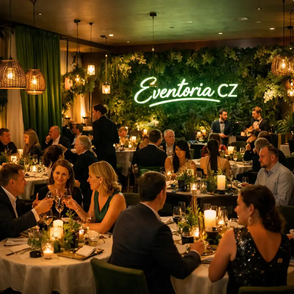 Hosté si užívají tematický večer v moderní restauraci Eventoria CZ